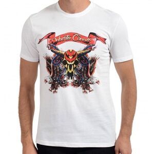 Roberto Cavalli Men's White Graphic Print Crewneck Cotton T-shirt, Size M